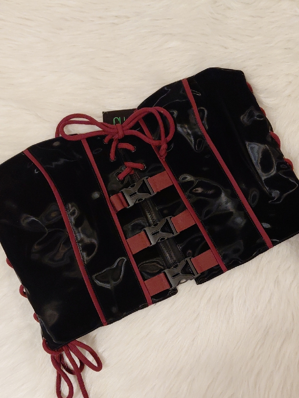 Black Velvet Lace-Up Bustier Top with Burgundy Trim